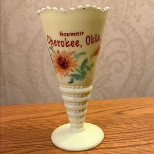 Cherokee Cream Souvenir Vase with Floral Design custard glass glow under UV ligh